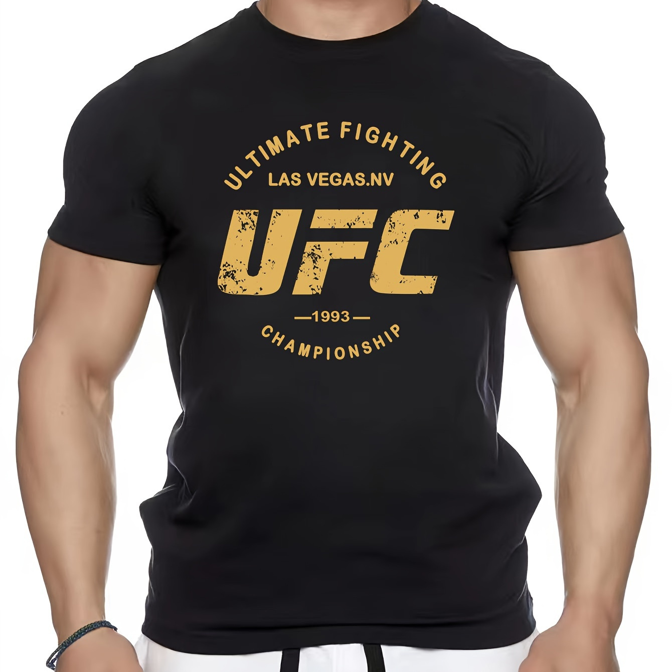 

Men's Trendy Short Sleeve Letter Ufc Print T-shirt, Active Casual Comfy Stretchy Crew Neck Moisture Wicking Tee, Men's Clothing For Summer Outdoor