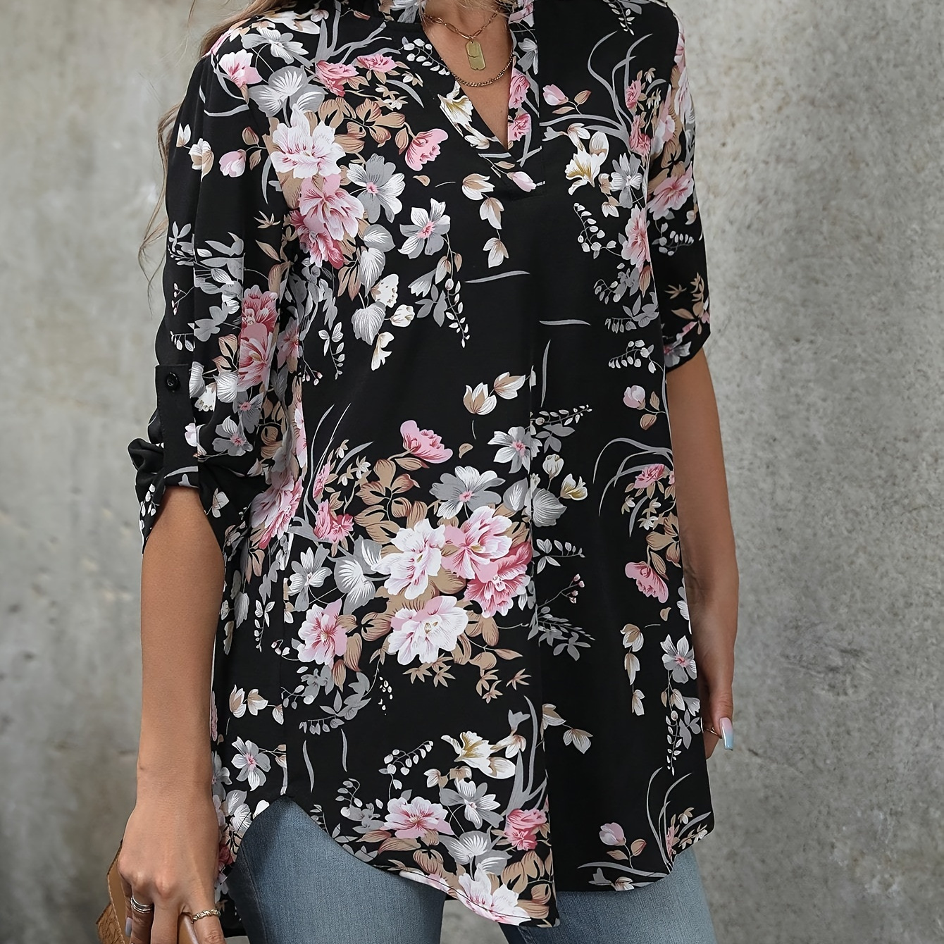 

Print V-neck Blouse With Rolled Sleeves And Curved Hem - Machine Washable, Polyester - Spring/summer/fall