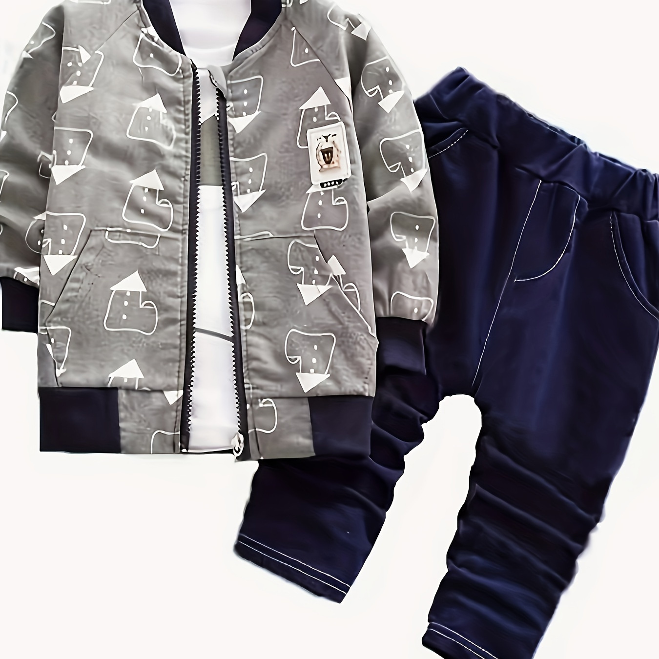 

Boys Cute Cartoon Print Long Sleeve Casual Crew Neck Sweatshirt & Zip Up Coat & Jeans Set, Toddler Baby's Spring And Autumn 3pcs Outfits