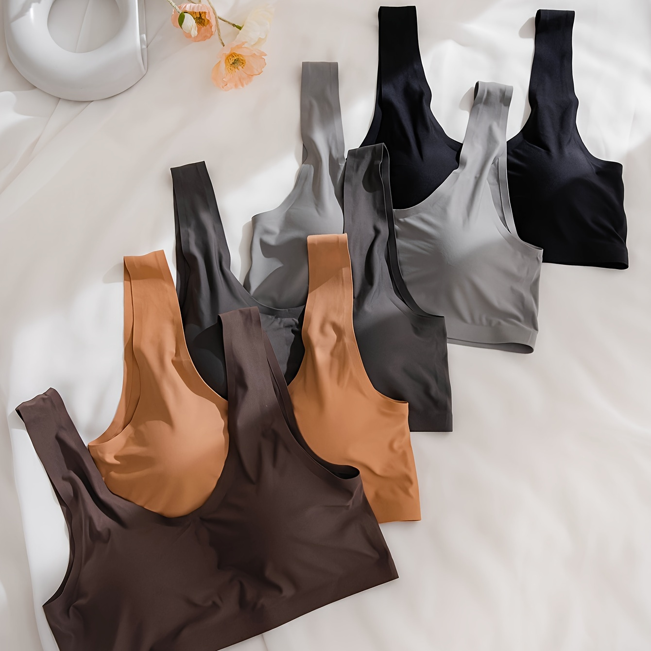 

5pcs Seamless Bralettes With Removable Pads - Comfortable Casual Attire, No Underwire, Soft Nylon , Assorted Colors (brown, Gray, Black, ) - Women’s Lingerie & Underwear, | | Stretchy Nylon