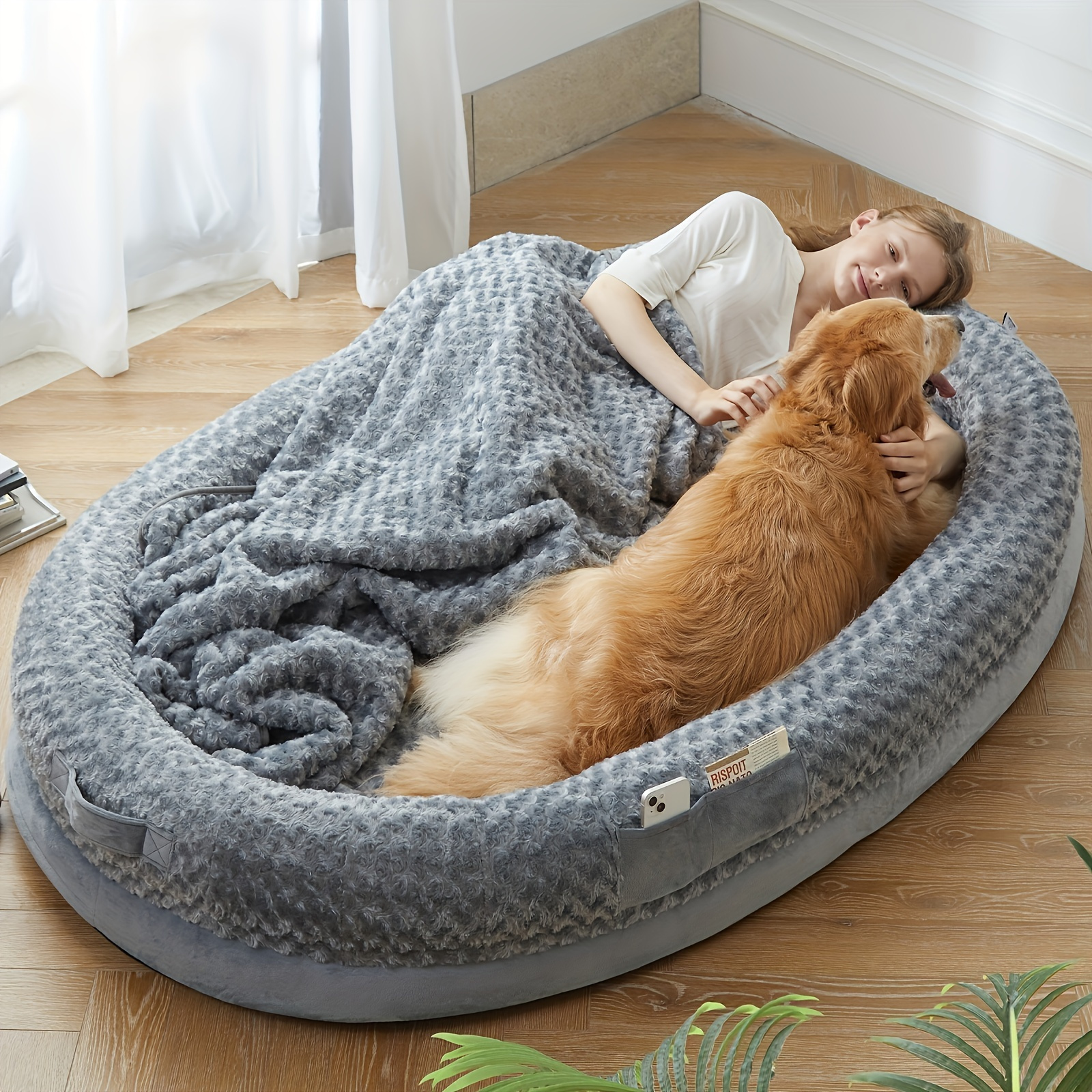 2 Unids/set De Cama Mediana Para Perros Humanos + Manta, Cama Humana Tipo  Puf, Cama Gigante Para Perros Con Manta, Adecuada Para Personas, Familias Y