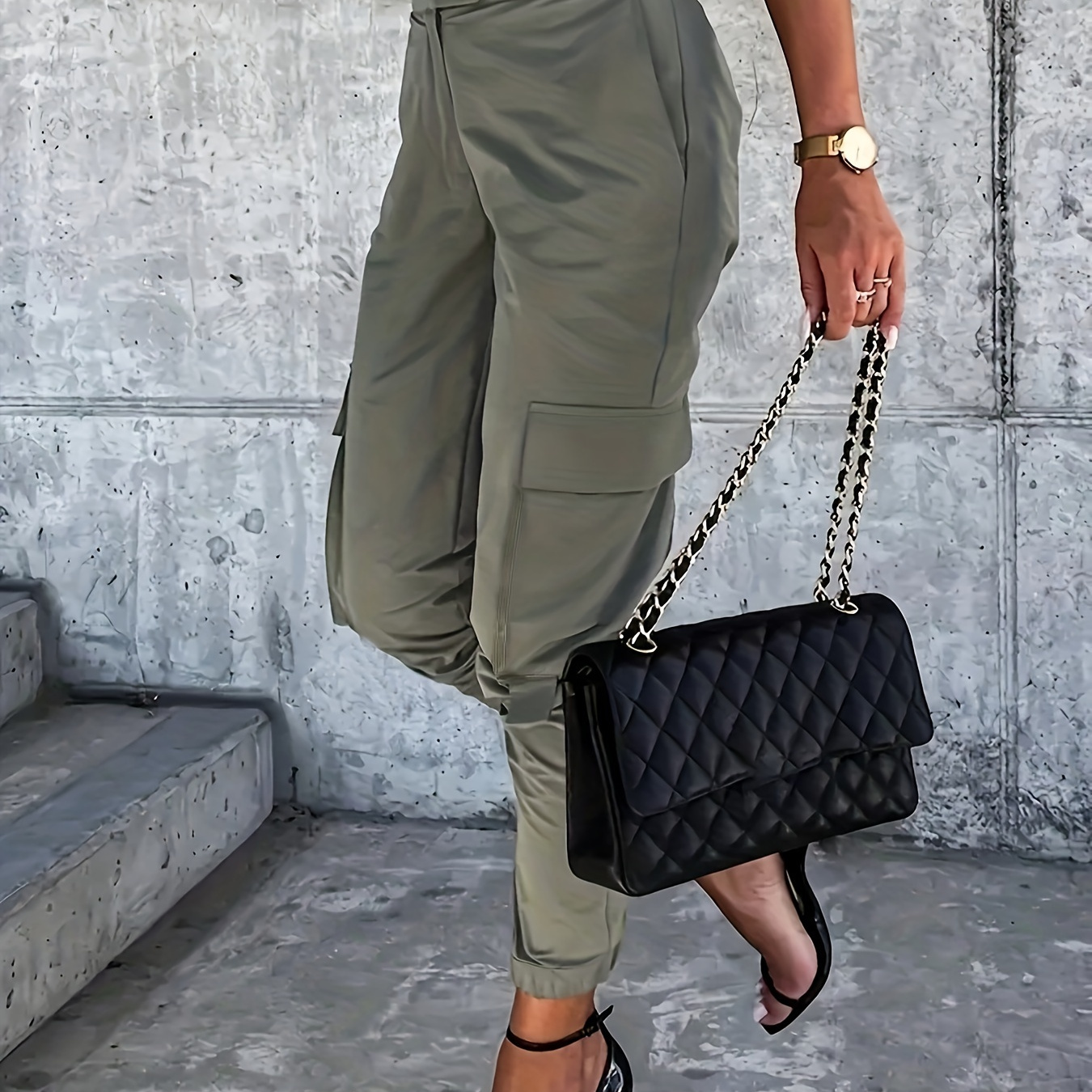 

Solid Flap Pocket Jogger Cargo Pants, Vintage High Waist Fashion Pants, Women's Clothing