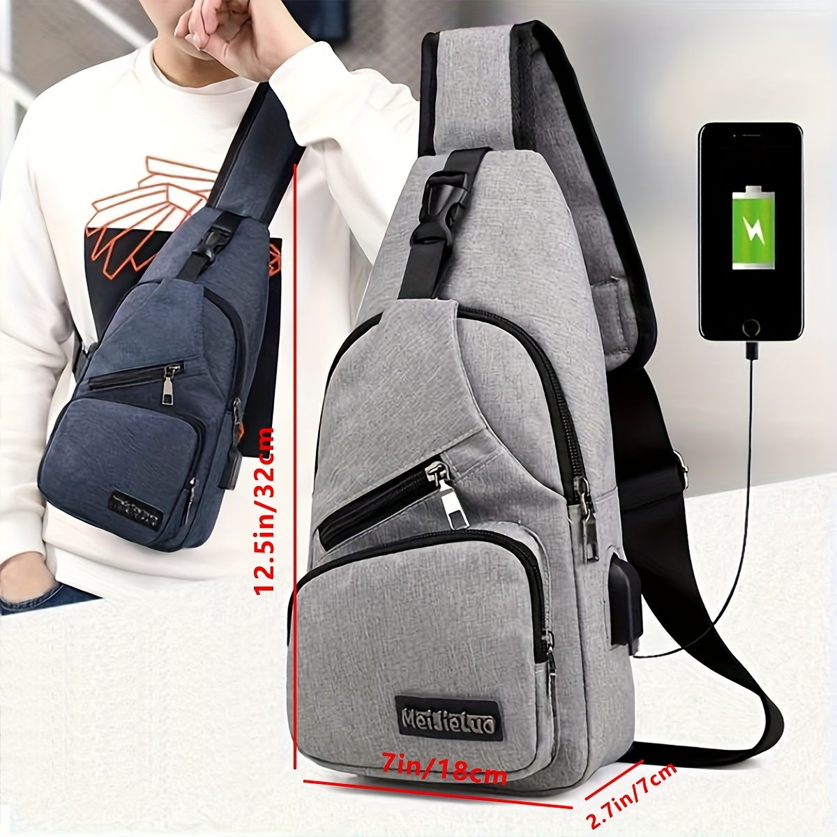 

1pc Men's Small Chest Bag, Usb Charging Canvas Multipurpose Large-capacity Messenger Bag