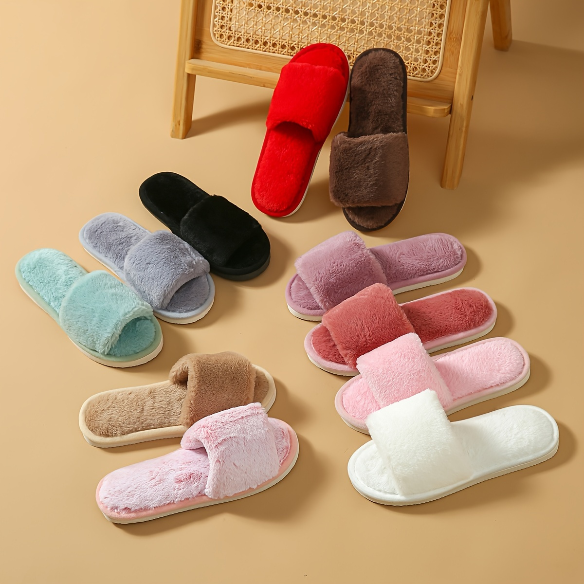 

Winter Plush Open Toe Slippers, Solid Color Cozy & Warm Slip On Shoes, Comfy Indoor Floor Slippers