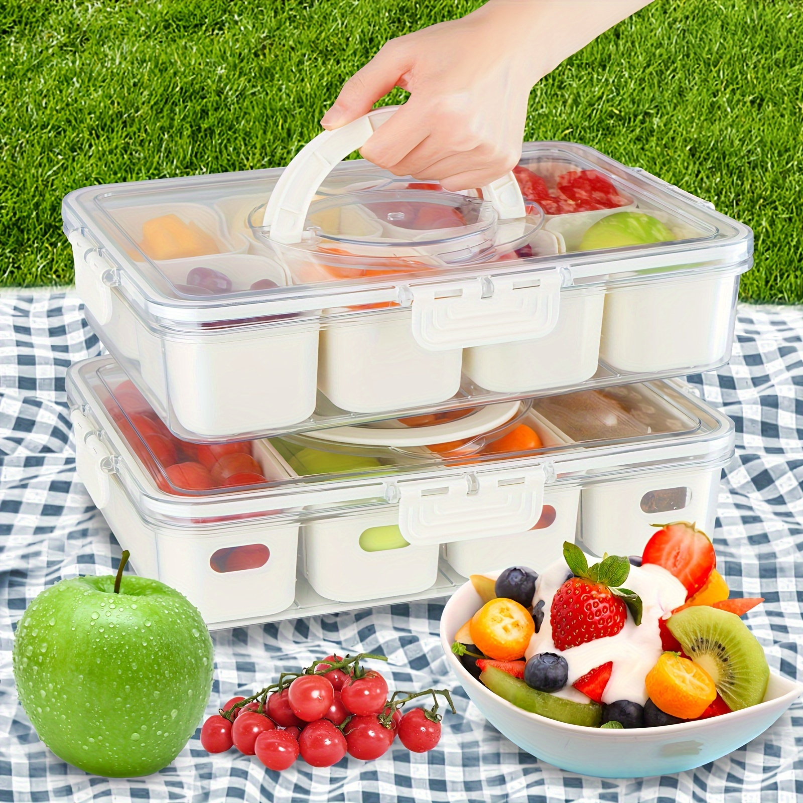 

Divided Serving Tray With Handle - Lid & Removable Snack Box 8 Compartment Fruit Container Food Storage Snackle Lunch Organizer Fridge Platter Charcuterie Holder For Travel Candy Party Salad
