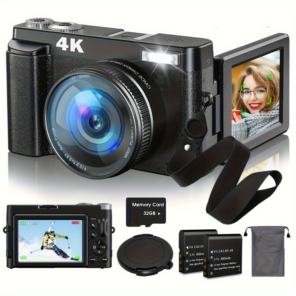  Saneen Cámara digital, cámaras 4K para fotografía y video,  cámara de vlogging con pantalla táctil WiFi de 64 MP para  con  Flash, tarjeta SD de 32 GB, parasol de lente