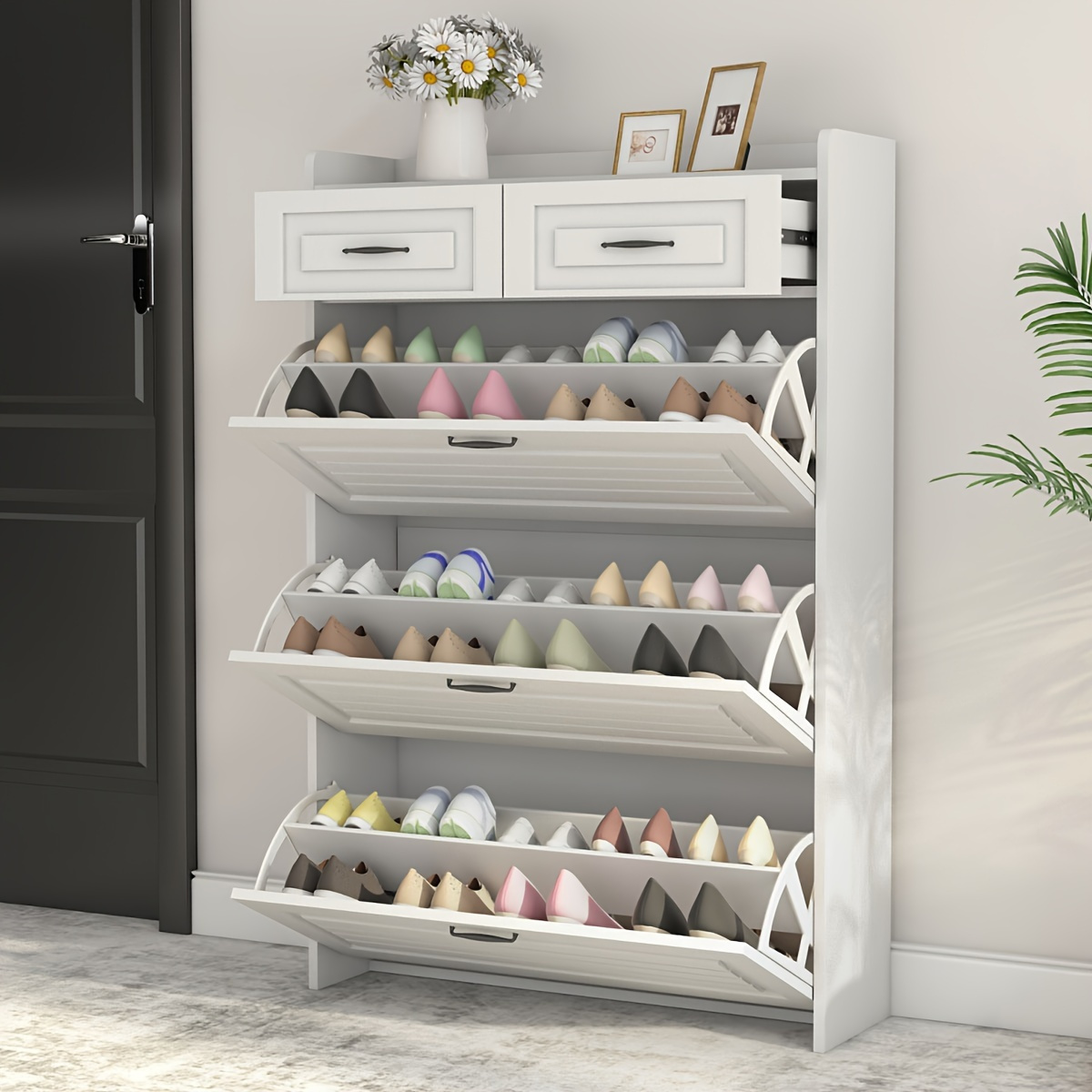 

Narrow Shoe Cabinet With 3 Flip Doors, 2 Drawers, Large Storage Space, Indoor Furniture, For Living Room, Entrance, , Foyers