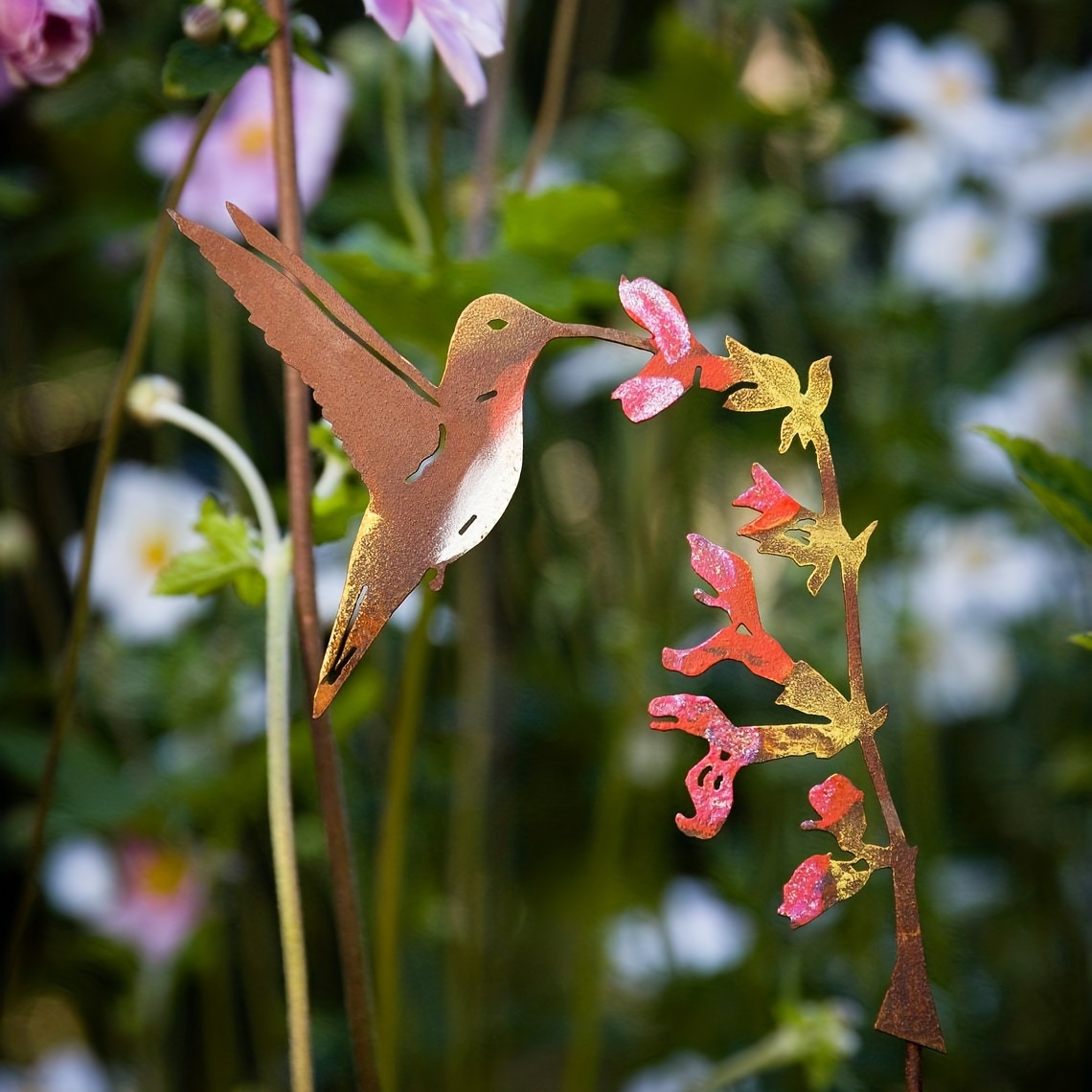 

1pc Metal Hummingbird Garden Stake, Elegant Garden Design Upright Hummingbird On Salvia Flower Stake Silhouette Rusty Metal Yard Art, Garden Patio Planter Decor