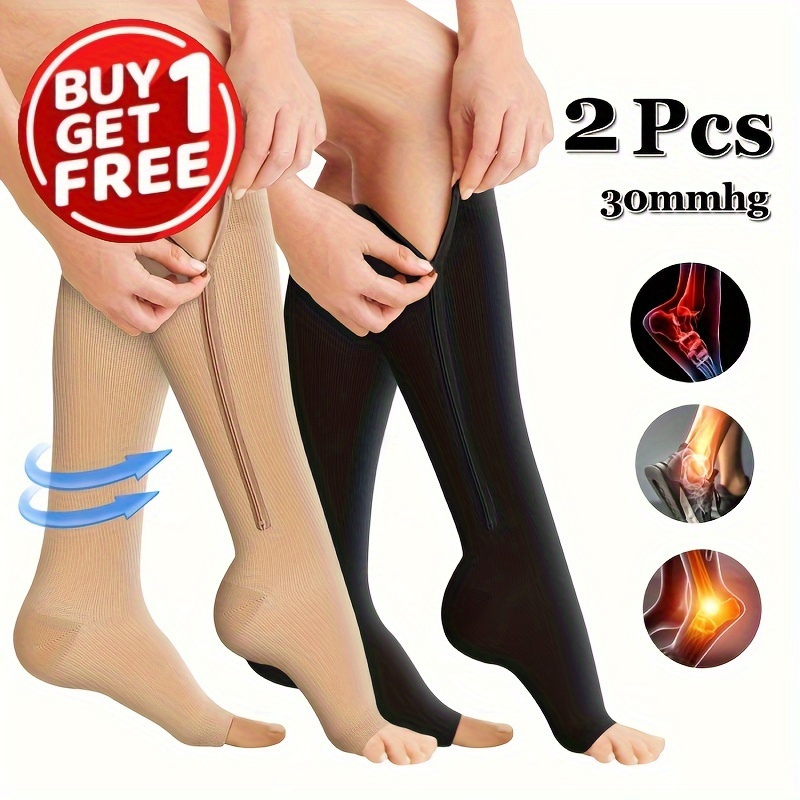 Zipper Compression Socks (2-Pack) for Men Women Open Toe Easy On