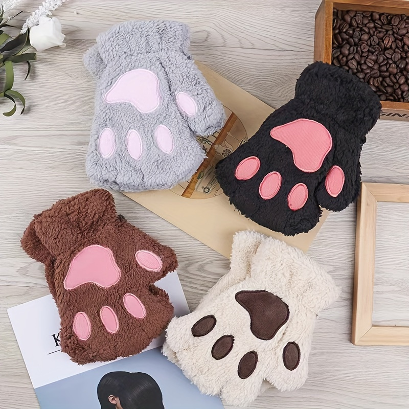 

2 Pairs Of Cartoon Cat Paw Gloves For Men And Women In Winter, Cute Girls In Europe And America, Exposed Fingers, Thickened And Warm Bear Paw Plush Half Finger Gloves