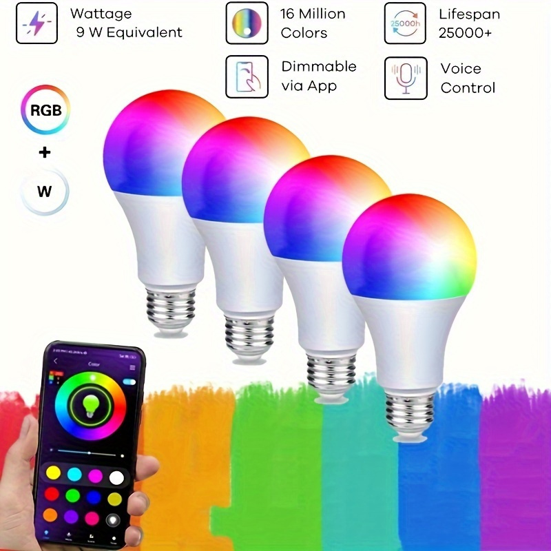 

(1 Pack/4 Packs)smart Light Bulbs For Home Bedroom, Wireless Smart Light Bulbs With App Control, Rgbw Led Color Changing Bulbs, Dimmable Music Sync, A19 E26 9w 800lm,(not Support Alexa//wifi)
