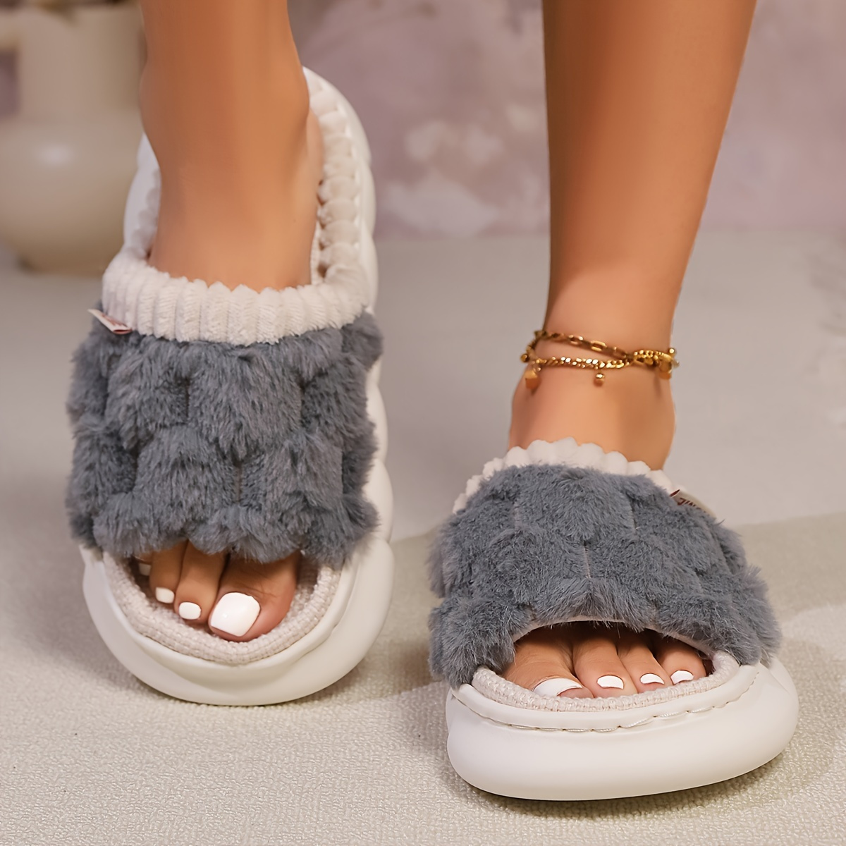 

Solid Color Home Warm Slippers, Soft Sole Platform Bedroom Fluffy Shoes, Non-slip Breathable Floor Slippers