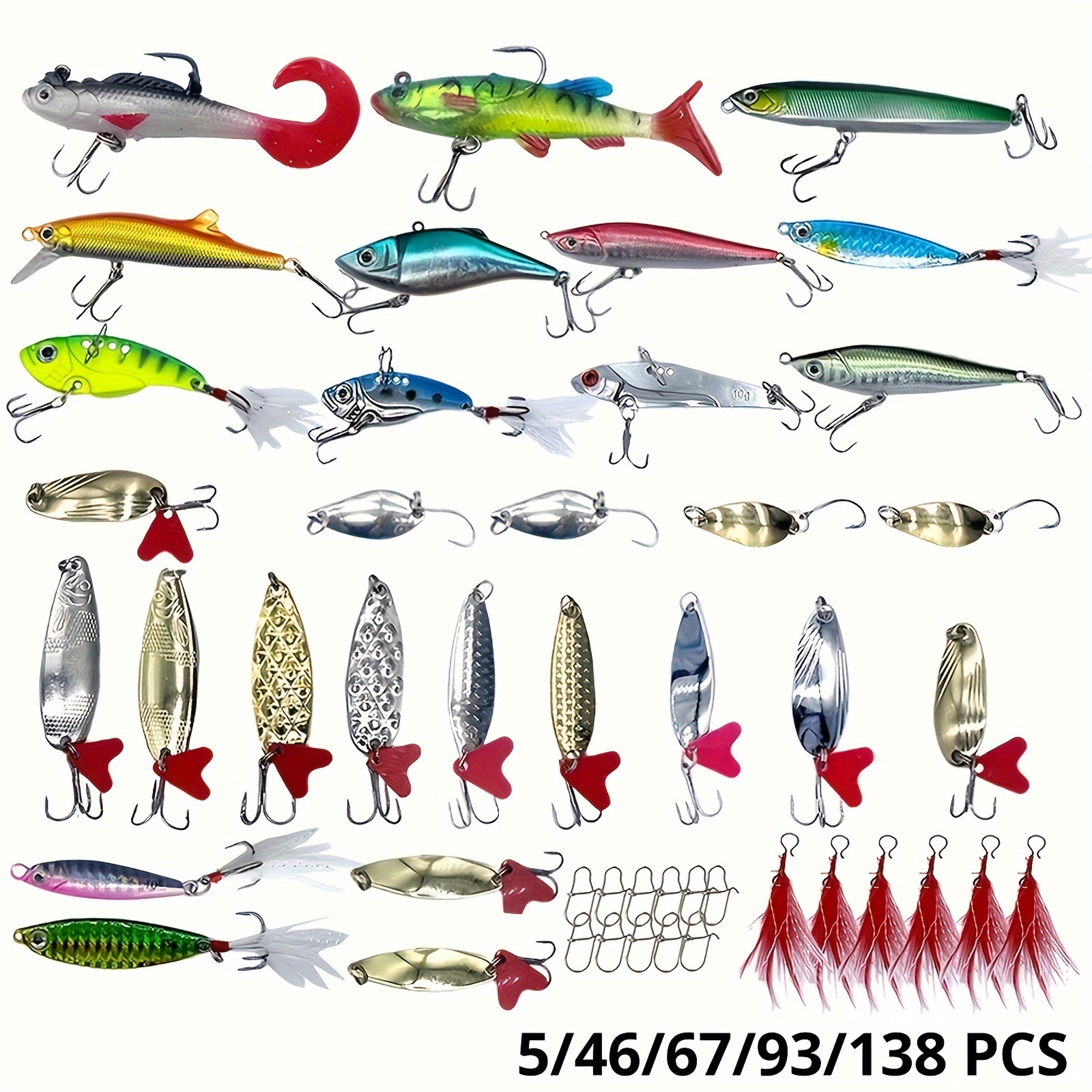5/46/67/93/138 PCS Fishing Lures Kit, Fishing Equipment, Including Spoon  Lures, Soft Plastic Worms, Crankbait Jigs, Fishing Hooks