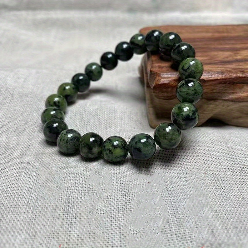 Green Jade Nephrite Bracelet | Round Pingan Clasp Nephrite Bracelet | Elastic Rope Jade Bracelet for Women