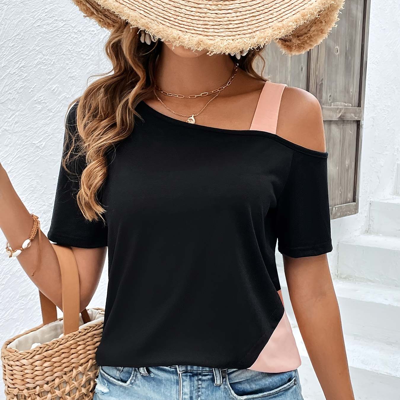 

Colorblock Crew Neck T-shirt, Casual 1 Side Cold Shoulder T-shirt For Spring & Summer, Women's Clothing