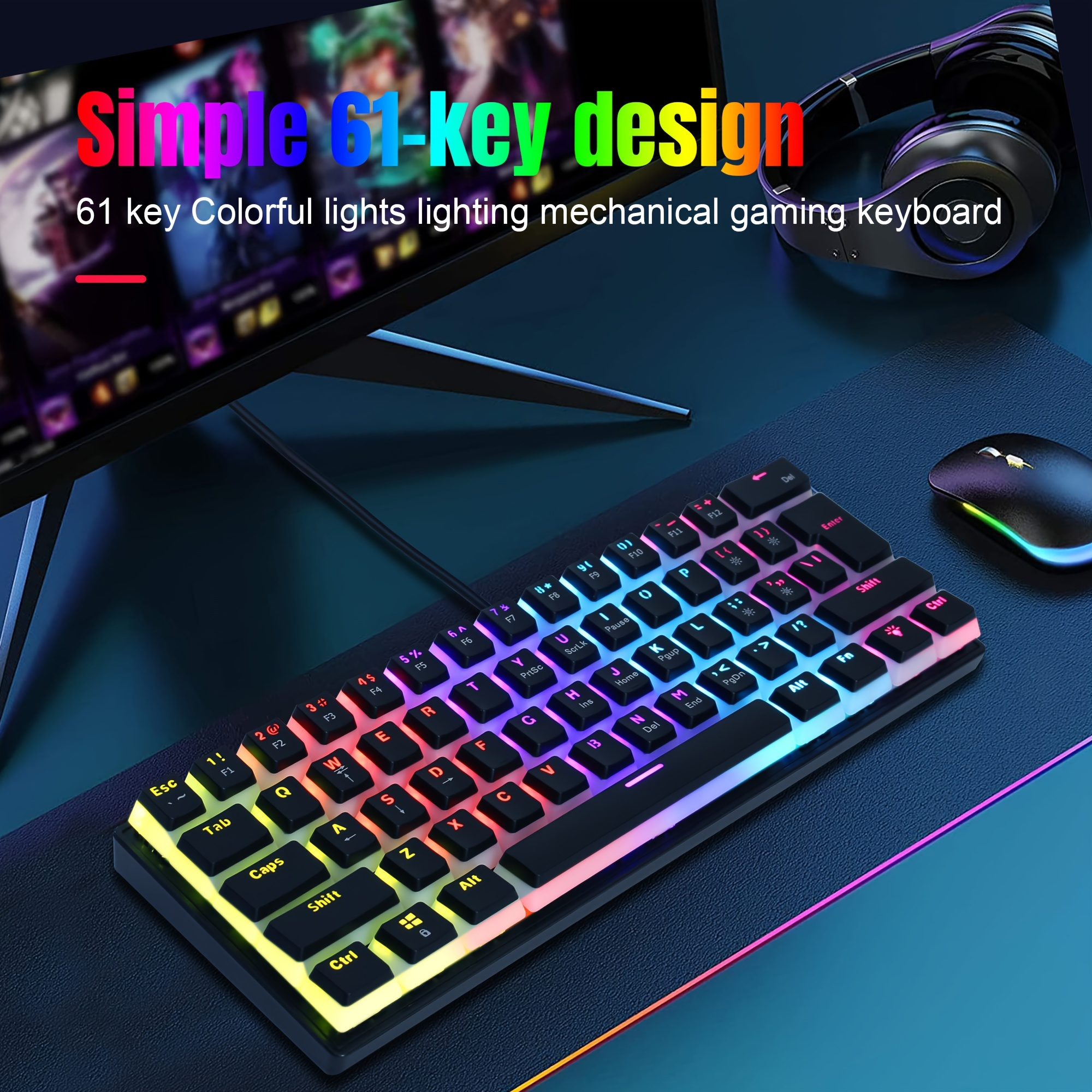 

Compact 60% New Green Switch Mechanical Wired Keyboard With 61 Keys Pudding Two-color Moulded Key Cover Backlit Usb Plug And Play Ideal For Home Games And The Office