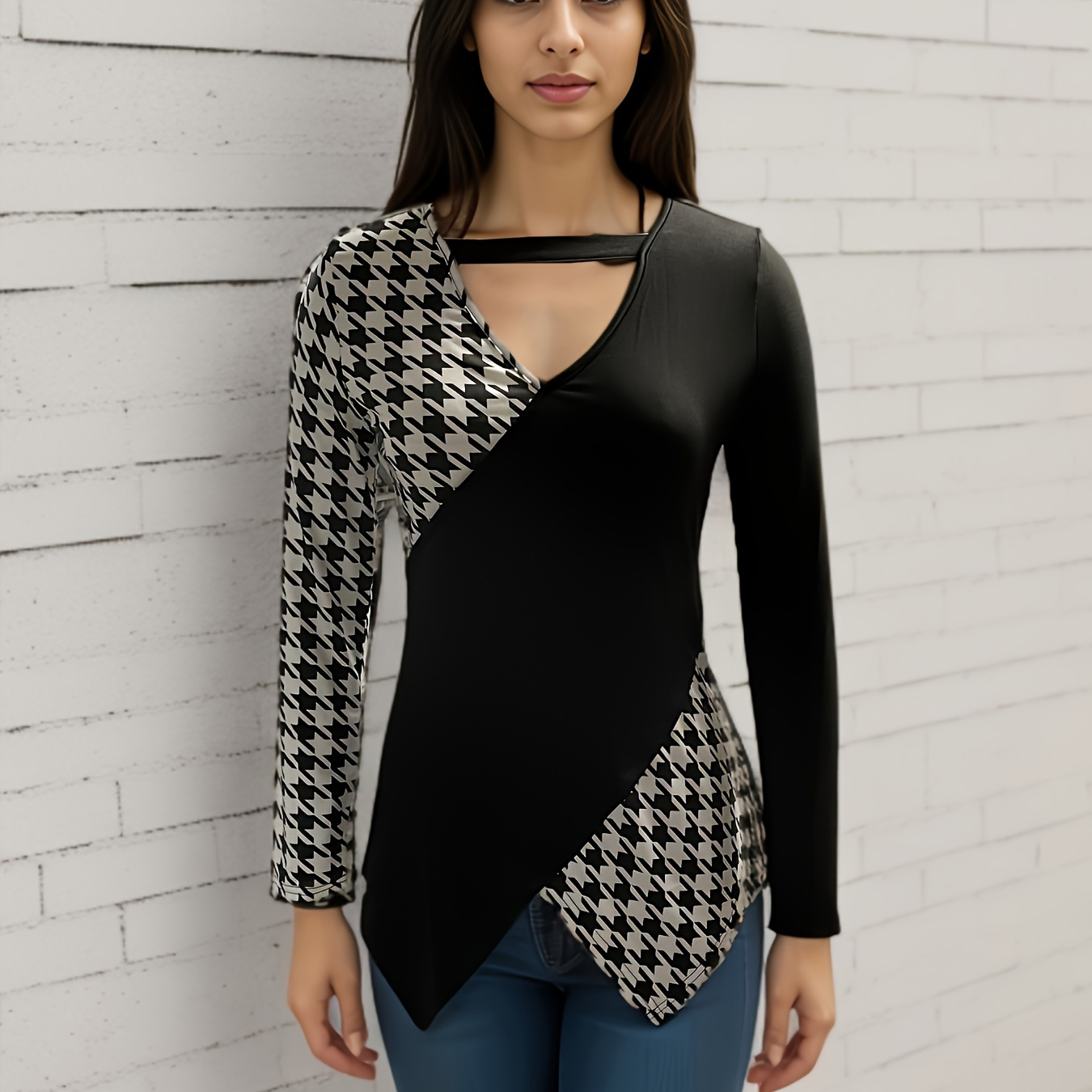 

Cut Out Houndstooth Cross Top, Hanky Hem Long Sleeve Top For Spring & Fall, Women's Clothing