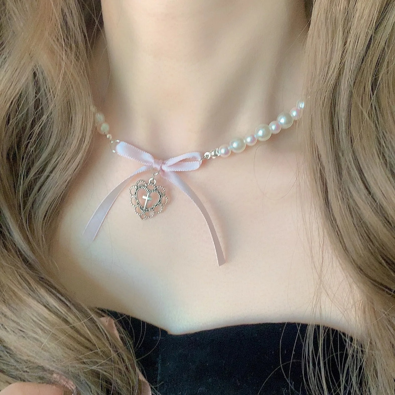Elegant Faux Pearl & Heart Cross Pendant Necklace with Bowknot - Chic Clavicle Chain for Women, Perfect for Casual Attire or Gifting, Harajuku Style, Romantic
