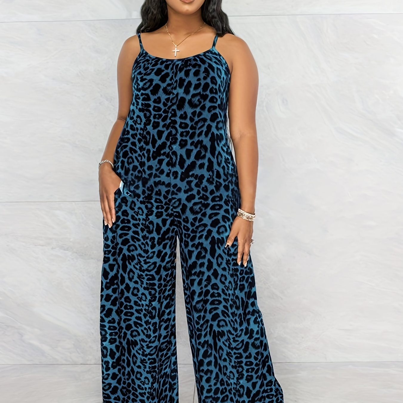 

Plus Size Casual Jumpsuit, Women's Plus Leopard Print Round Neck Wide Leg Cami Jumpsuit