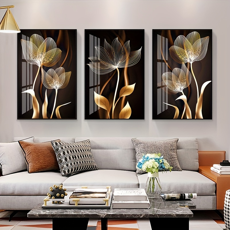 

3pcs Unframed Poster, Black And Golden Flower Wall Art Canvas Painting For Living Room Decor - Modern Abstract Design, 15.7x23.6in/40x60cm