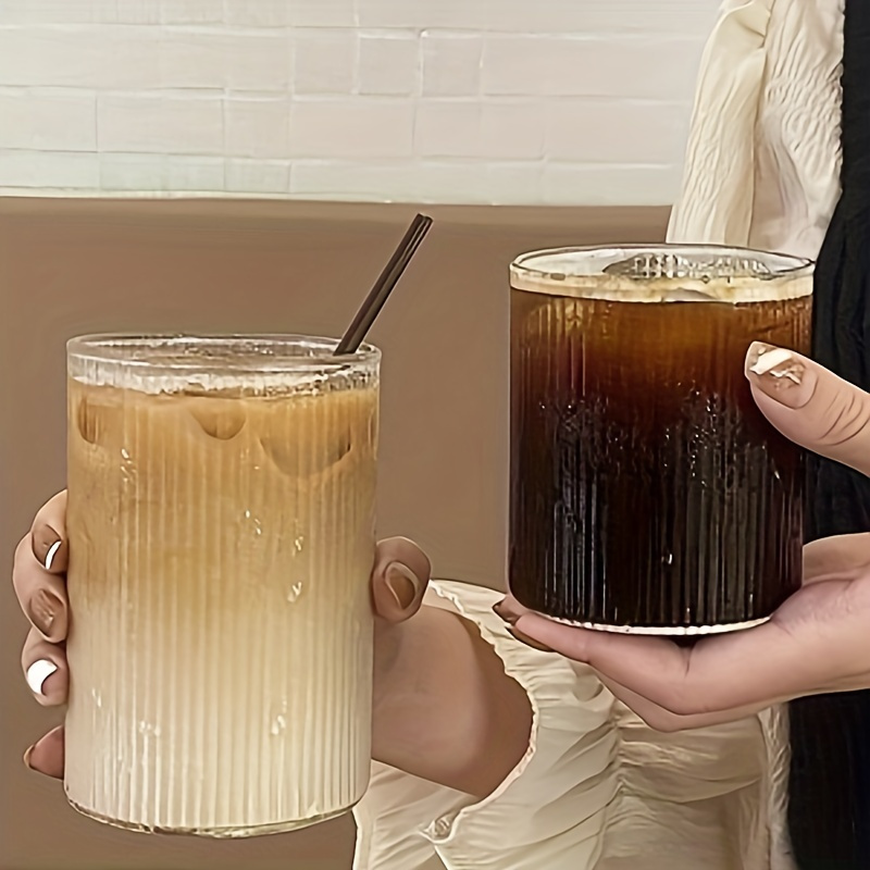 Ribbed Nordic Glass Cup With Lid And Straw Heat Resistant Double Bottom  Portable Drinking Glass Iced Coffee Water Tea Cups Glass