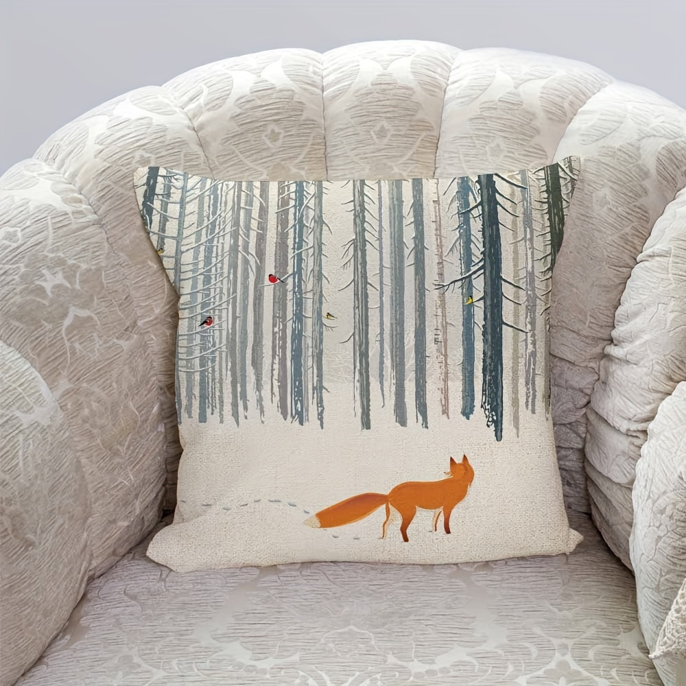 

1pc Throw Pillow Covers Winter Landscape Fox Bird Cushion Pillow Case, Home Decor Pillowcase 18x18 Inches