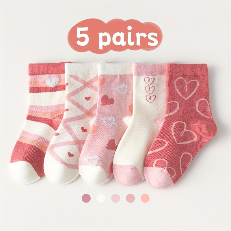 

5 Pairs Girl's Kids Hearts Cartoon Pattern Cute Sweet Socks, Breathable Comfy Crew Socks, Children's Trendy Socks