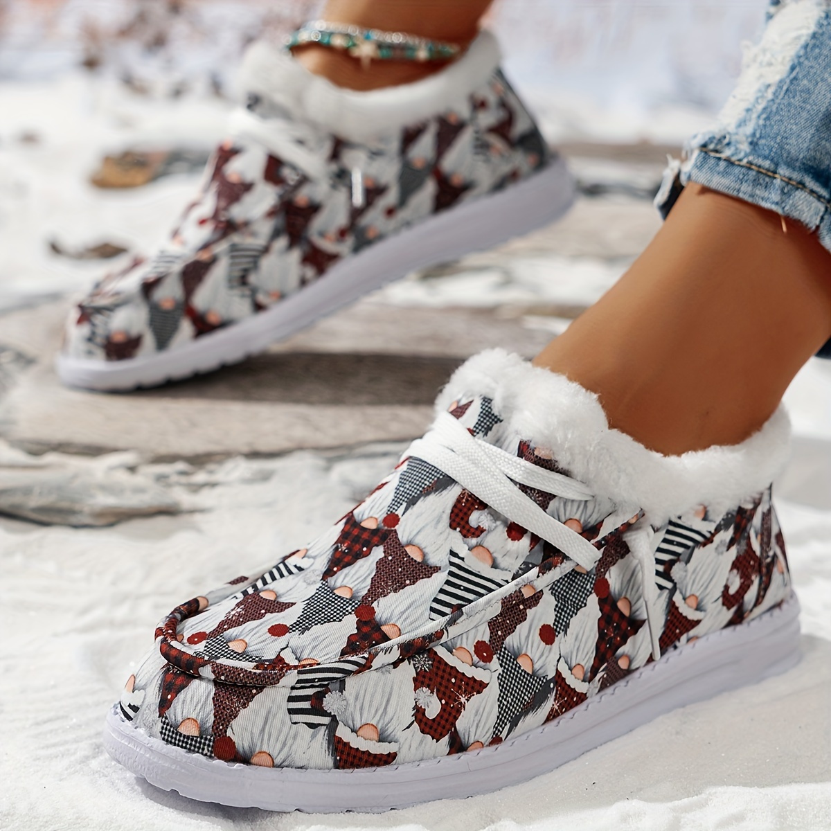 

Women's Snowflake Print Canvas Shoes, Casual Lace Up Plush Lined Shoes, Lightweight Low Top Christmas Shoes