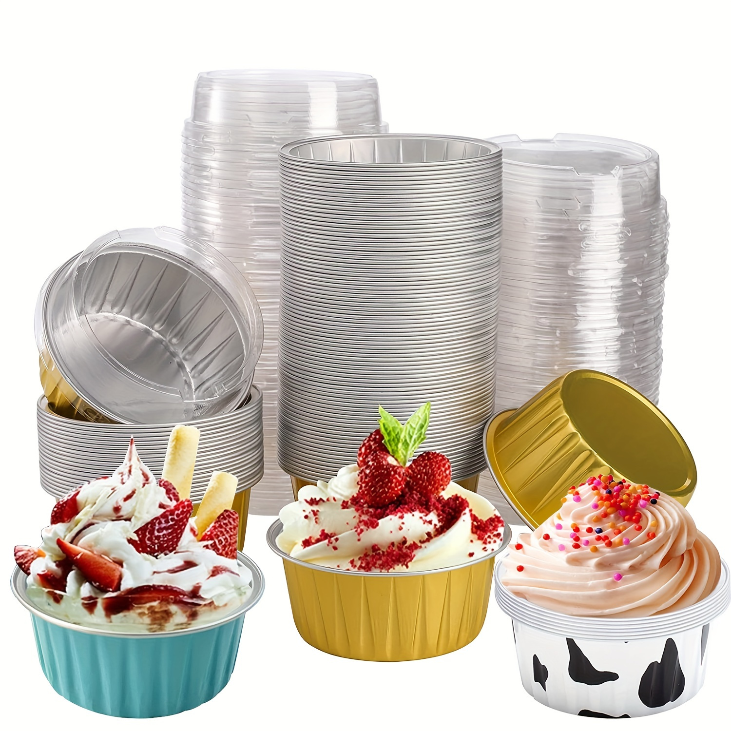 50pcs Foil Cupcake Liners with Lids Heat Resistant 5.5oz Aluminum Cake Cups  Portable Foil Baking Cups Round Aluminum Muffin Liners Cupcake Holders