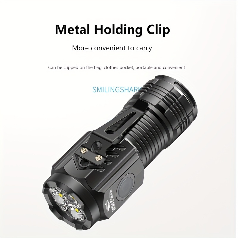 

1pc Smiling Shark Sd1033 Mini Rechargeable Flahlight, Super Bright Led*3 Torchlight, With Clip, Portable, For Outdoor Camping, Hiking, Daily Use!