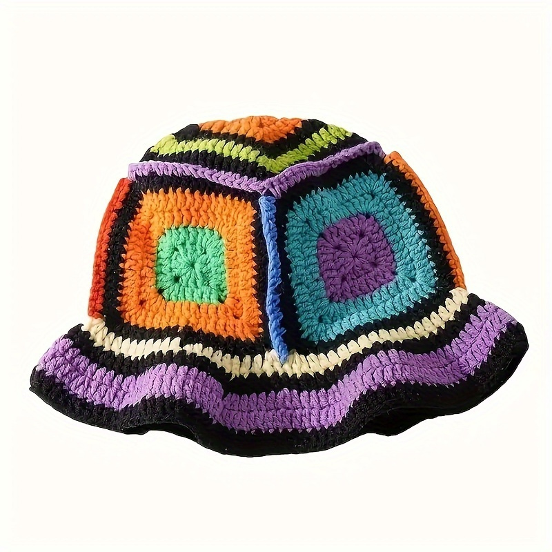 

Color Block Crochet Fisherman Hat, Retro Ethnic Style Casual Hollow Out Breathable Bucket Hat