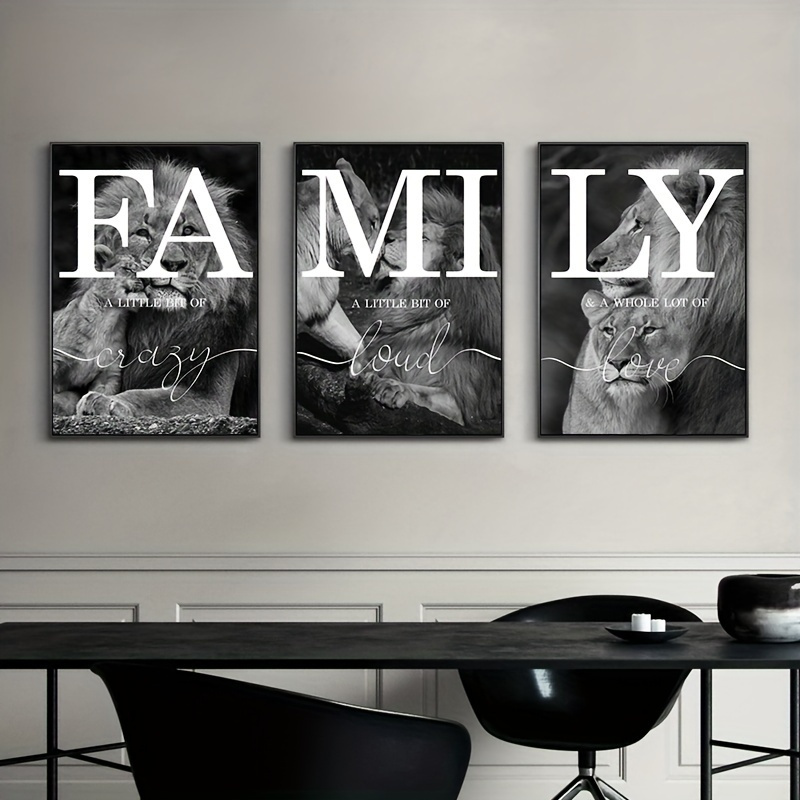 

3pcs Unframed Black And White Lion Family Quote Home Signs Canvas Painting, Poster And Prints Animal Wall Art, Living Room Decoration Bedroom Home Decor Picture