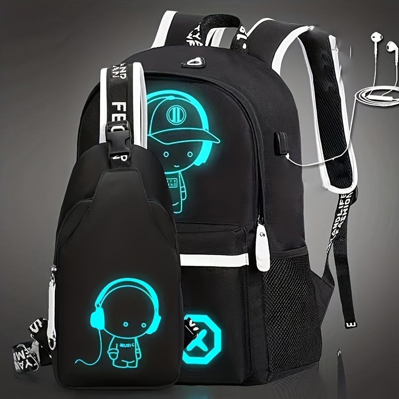 

2pcs Trendy Luminous Pattern Backpacks + Shoulder Bags Set, Comfy Usb Charging Port Design Water-resistant Durable Zip Up Bags For Men & Women
