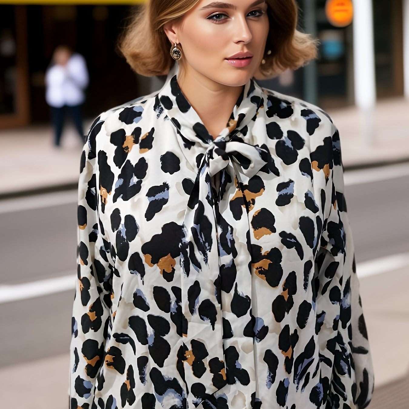 

Plus Size Casual Blouse, Women's Plus Leopard Print Bow Knot Long Sleeve Stand Collar Slight Stretch Blouse