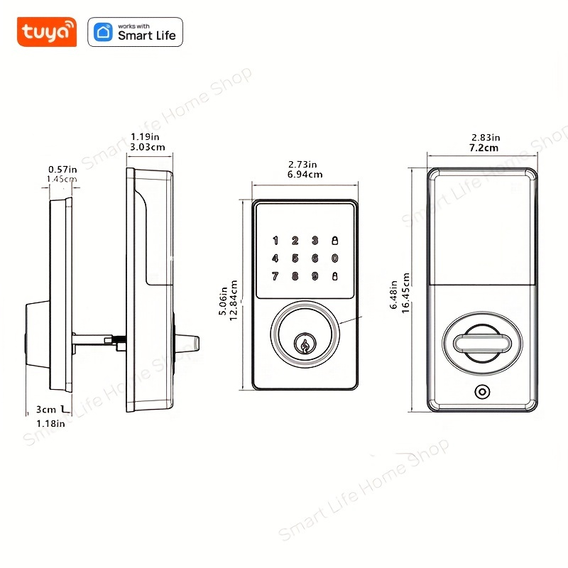 Smart Lock With wireless, With Tuya & Smart Life, Keyless Lock With Touchscreen Keypad, Unlock: Password, Key, APP, Password Hint & Auto-lock, Waterproof IP54, 10 User Codes, Security, Alarm Status Report, Door Opening Record Report, Temporary Passwords & Custom Password, Touchscreen Keypad, Door Lock Alarm, For Alexa & Google Home(without Batteries AAA 1.5V*4 )