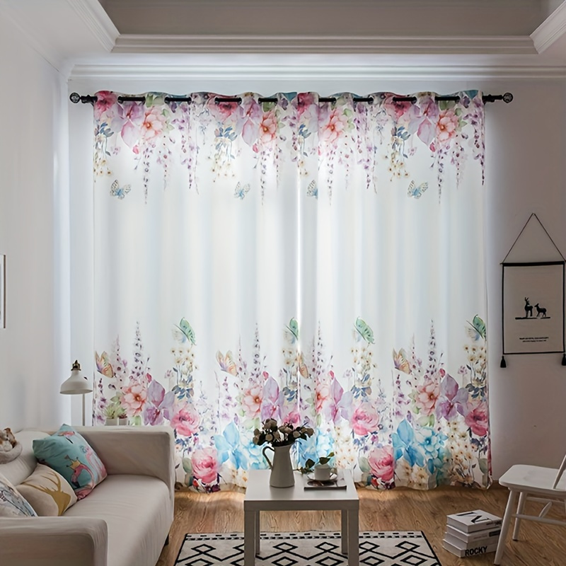 

2pcs Bedroom Curtains, Pastoral Style, Spring Flowers And Plants, American Style Shading Fabric Curtain Bay Window, Living Room, Semi Shading And Opaque Curtain Home Decor