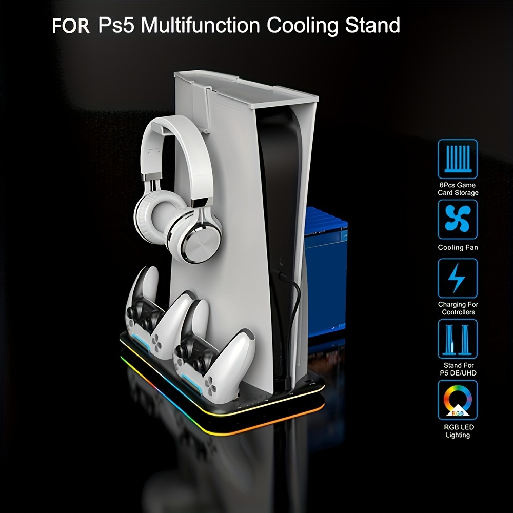  PS5 Slim Stand with Cooling Station and Controller Charging  Station for PS5 Slim Console Disc/Digital, for PS5 Accessories-Cooling Fan,  RGB Light, Headset Holder, 15 Game Slot for Playsation 5 : Video