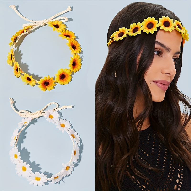 

Seaside Style Sunflower Wreath Headband With Braided Rope And Tassel - Stylish Hair Accessory For Women