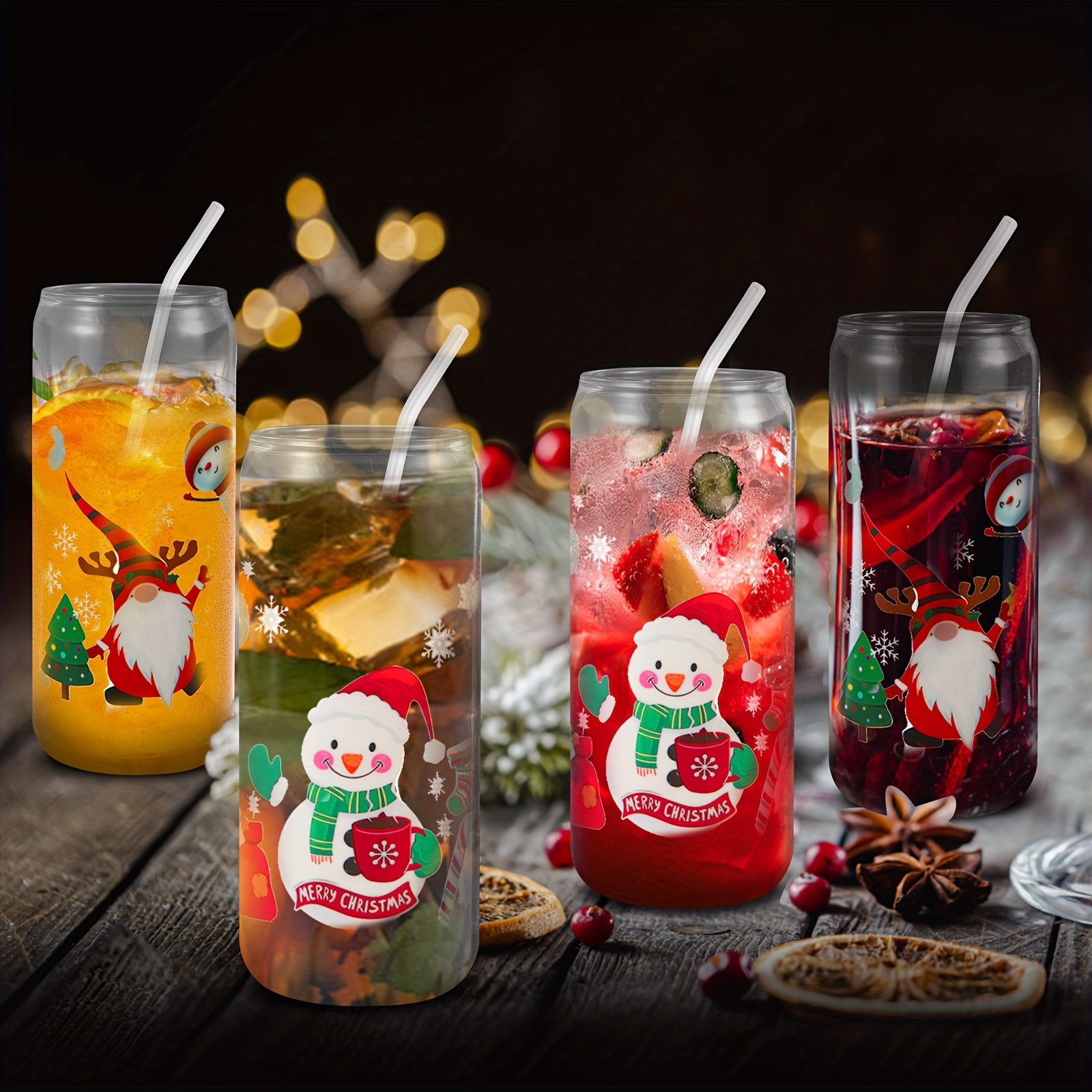 1pc 16oz Christmas Themed Double Wall Cup With Ice Cube & Straw