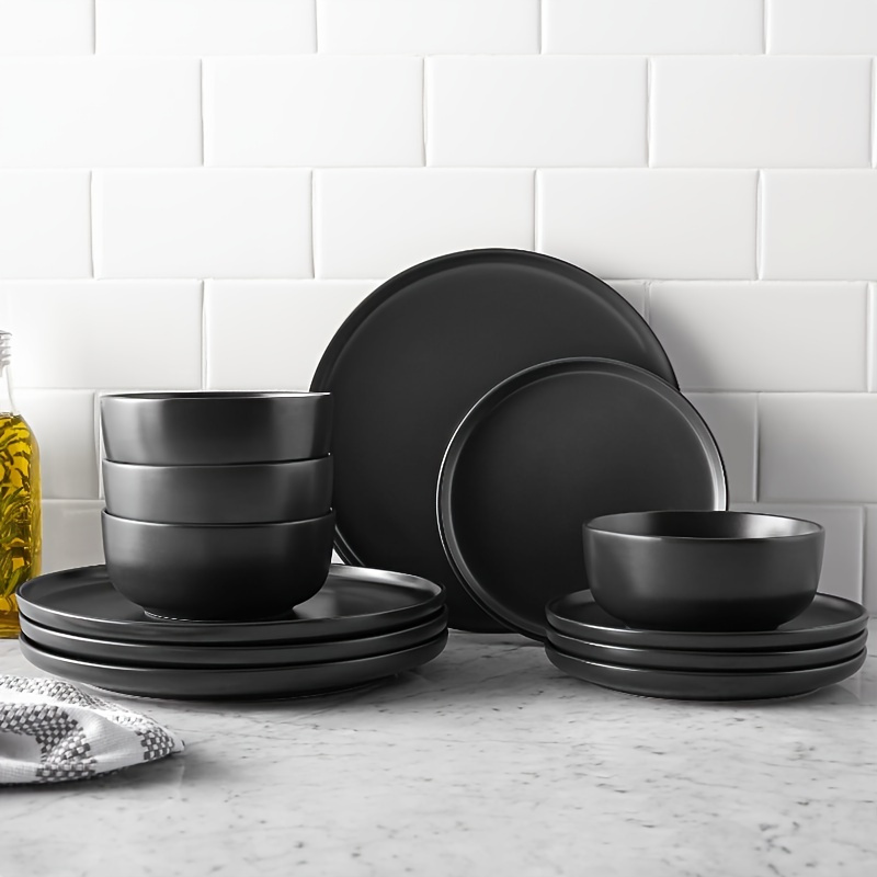 

12-pieces Matte Black Stoneware Dinnerware Set - Durable Ceramic Construction - Chip-resistant, Easy To Clean, Oven Safe - Perfect For Formal And Casual Dining Occasions