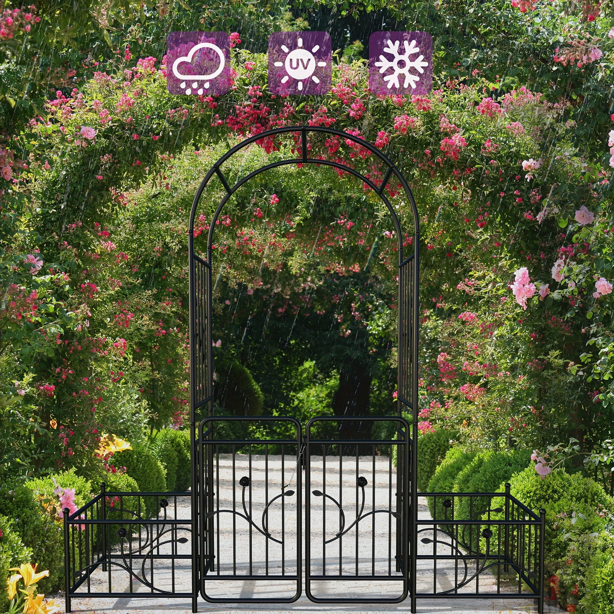 

Quoyad Metal Garden Arch With Gate And Plant Box - Elegant Outdoor Lawn Climbing Roses , Weather-resistant Wedding Arch & Party Decoration, Uv & Snow Symbols