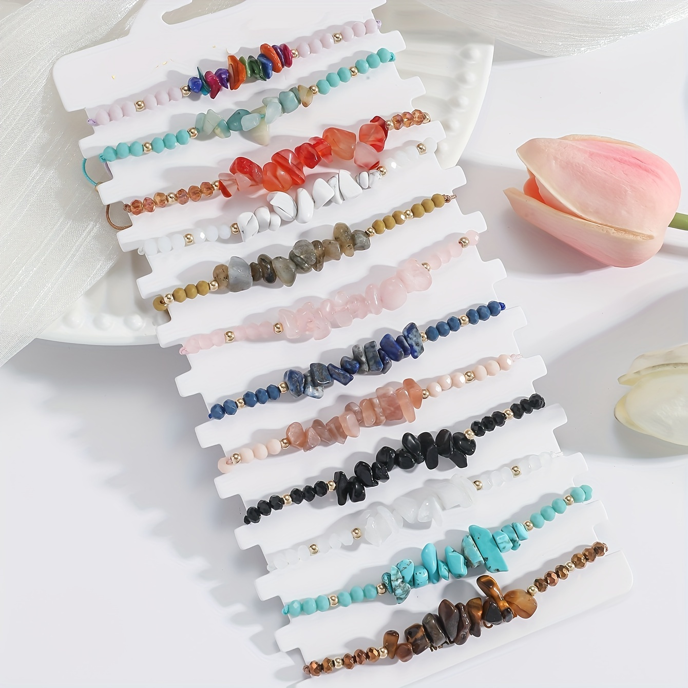 

12pcs/set Holiday Style Natural Stone Crystal Beaded Hand String Diy Combination Bracelet For Women Couple Hand Jewelry (stone Shape Color Random)