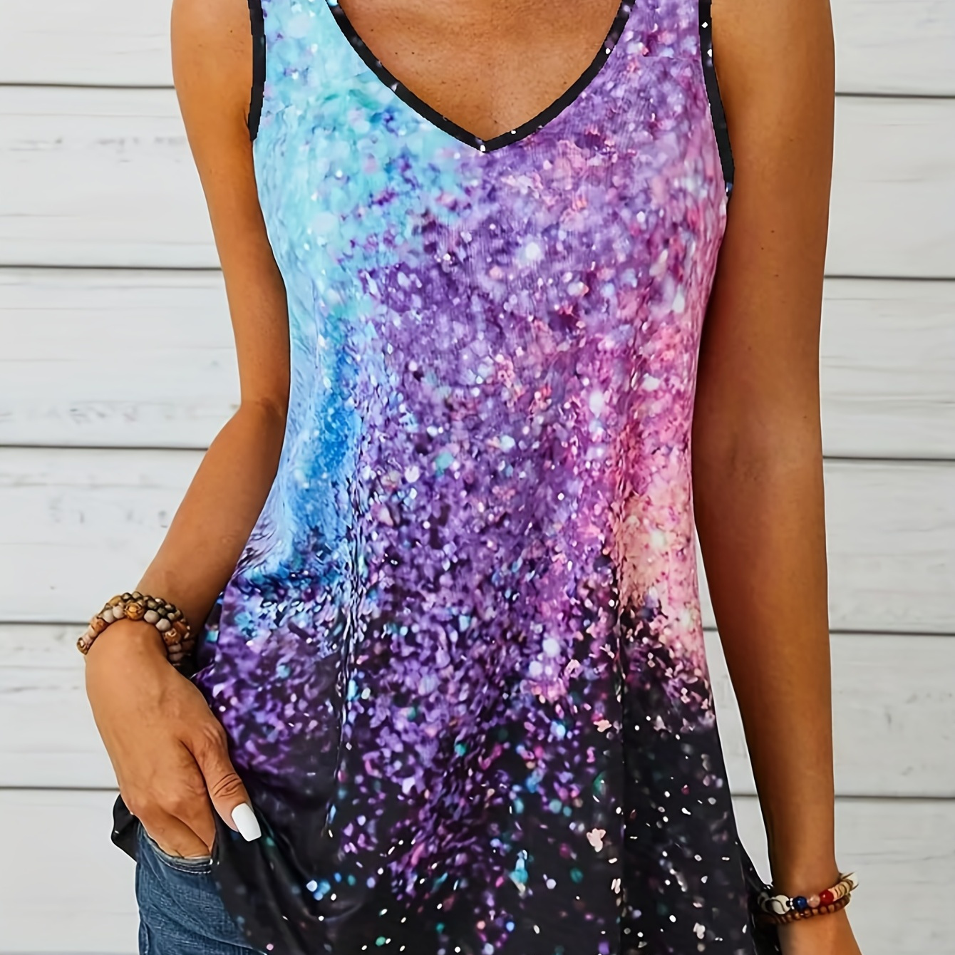 All Over Print V Neck Tank Top, Casual Sleeveless Tank Top For Summer, Women's Clothing