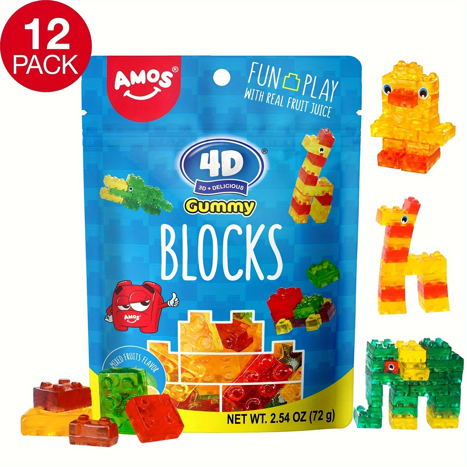 

12//8/3packs Amos 4d Candy Bricks, Edible Building Blocks, Themed Novelty Candy For Birthday Party, Topper, Gluten Free, Resealable 2.54oz