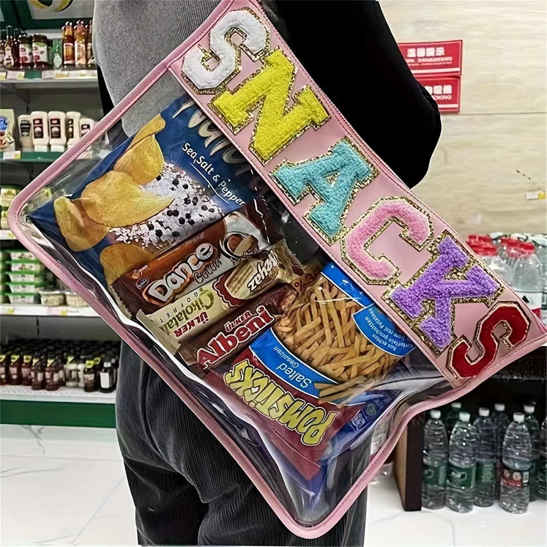 

Chenille Letter Patch Pvc Pouch, Fashion Snacks Storage Bag, Zipper Transparent Travel Make Up Bag