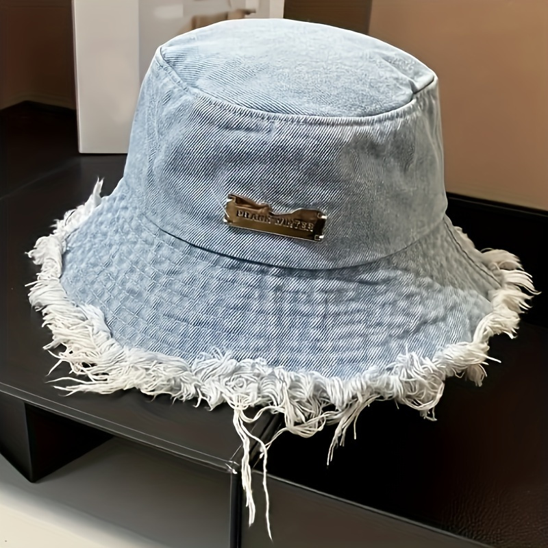 

Classic Raw Hem Bucket Hat Blue Denim Washed Distressed Basin Hats Lightweight Casual Sunshade Fisherman Cap For Women Girls
