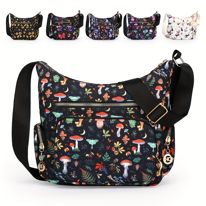 

Fashion Printed Multi-pocket Shoulder Crossbody Handbag, Large Capacity, Adjustable Strap, Floral & Mushroom Patterns