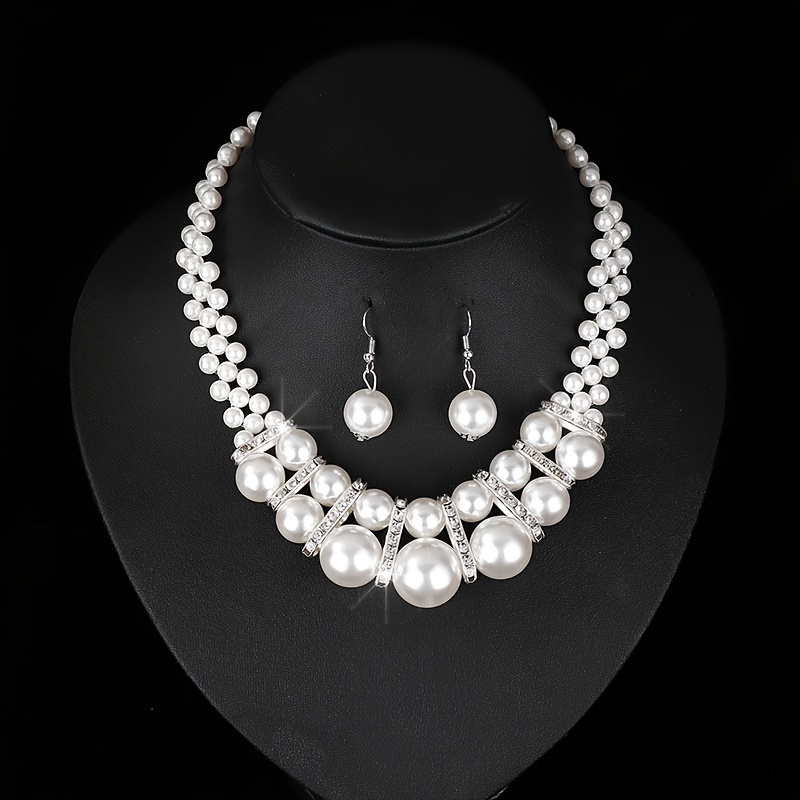 

Trendy Faux Pearl Beaded Jewelry Set, Earrings And Necklace Set Bohemian Elegant Style Jewerly, Elegant Bridal Wedding Engagement Jewelry Accessories