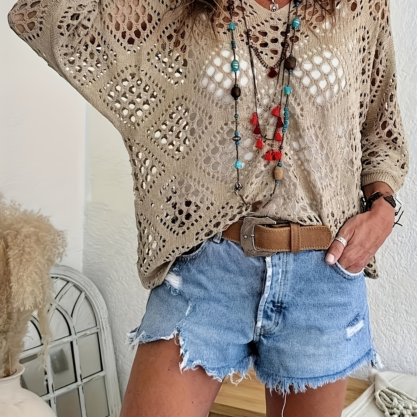 

Plus Size Solid Cut Out Knitted Top, Casual Crew Neck Batwing Sleeve Top, Women's Plus Size clothing