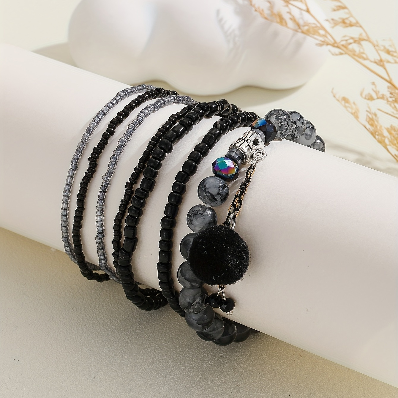 

7pcs Black Rice Beads Beaded Anklet Set Punk Style Adjustable Size Ankle Bracelet Set For Women Daily Wear